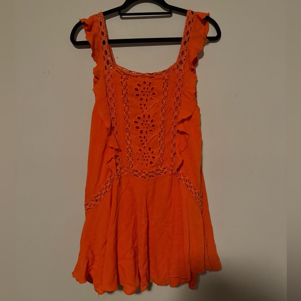 GUC FP One Free People Vibrant Orange Ruffle  & Crochet Trim Tunic